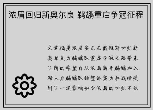 浓眉回归新奥尔良 鹈鹕重启争冠征程